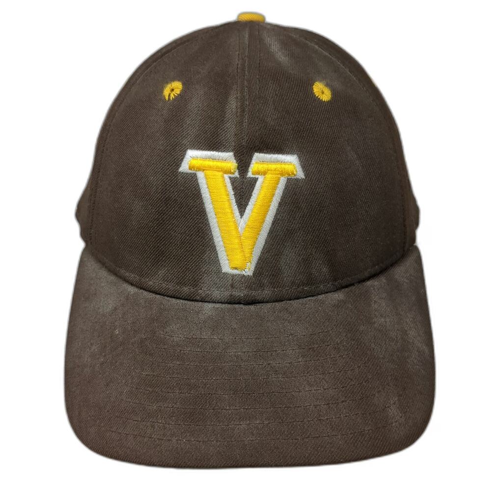 DeLONG Baseball Cap Brown Yellow White 7 1/2 Fitted Made in USA Letter V Hat